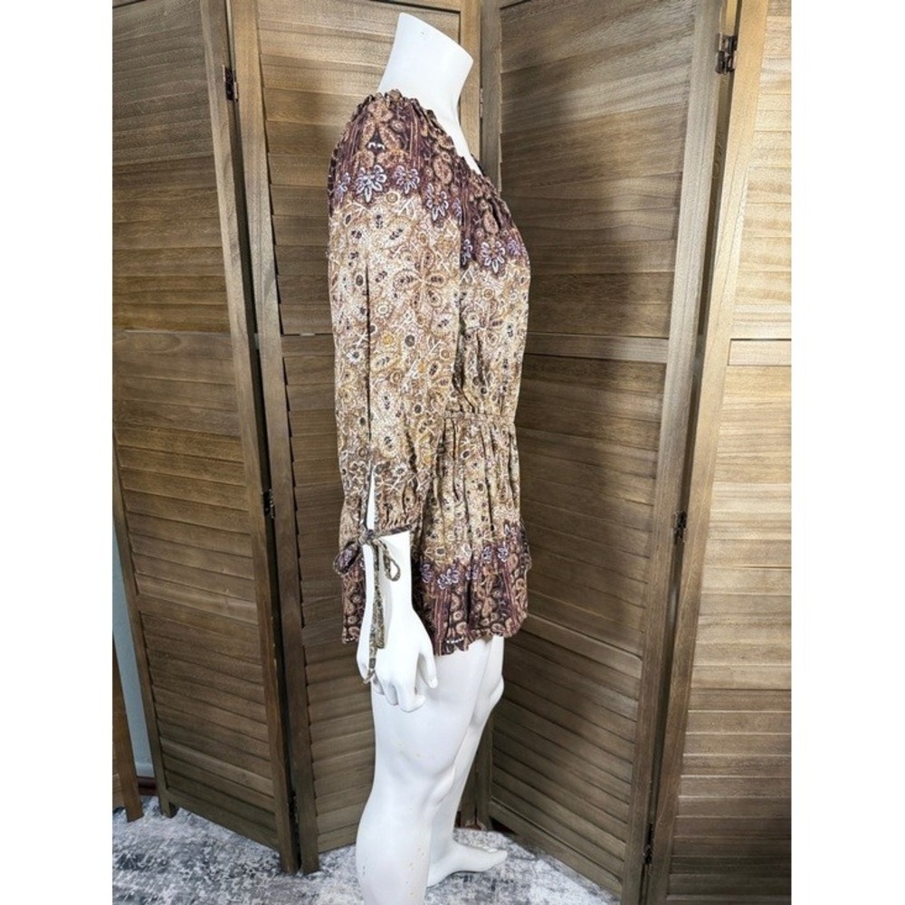 Free People Brown Paisley Floral Boho Romper 3/4 Sleeve Tie‎ Cuff Small - Picture 6 of 10